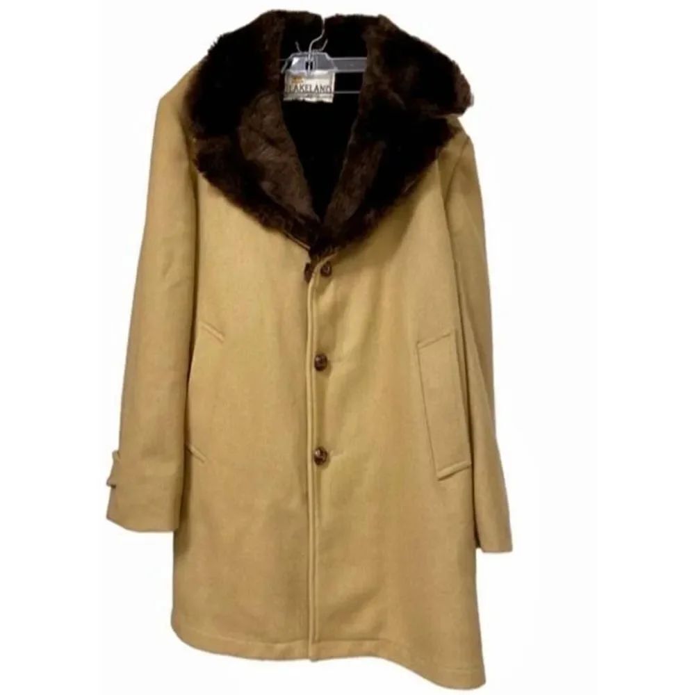 Vintage Lakeland Camel Tan Wool Blend Faux Sherpa Collar Lined Rancher Jacket 42